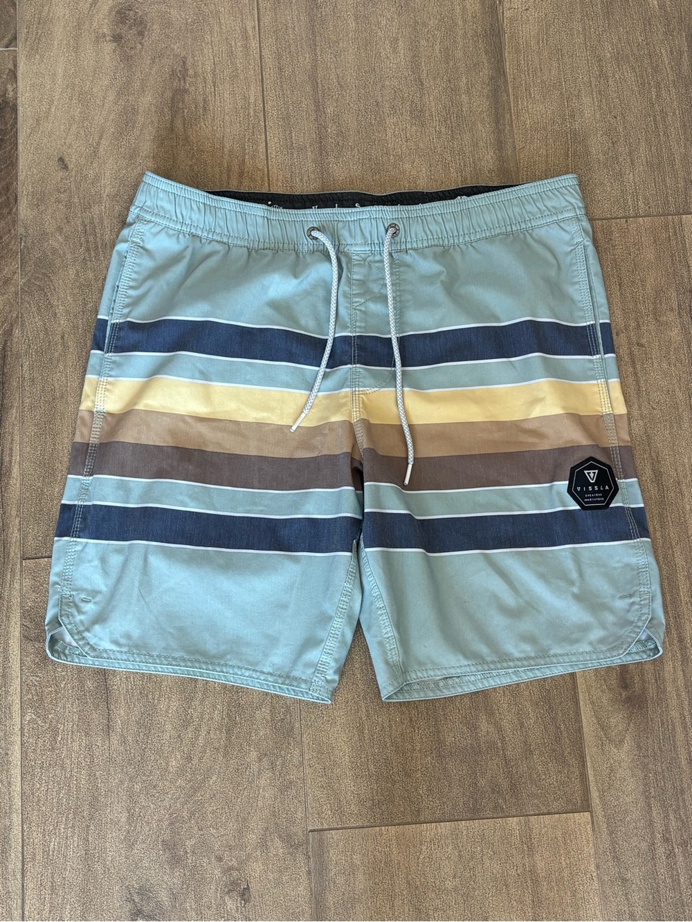 VISSLA Aqua Striped Boardshorts with Navy, Yellow & Brown Bands
